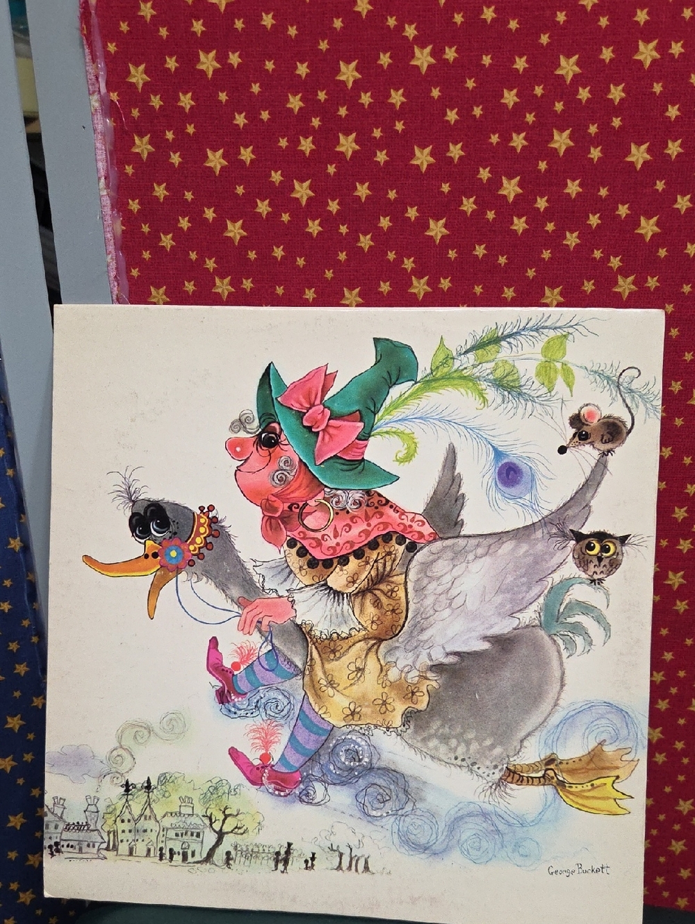 **Whimsical Lady Riding a Goose Illustration**